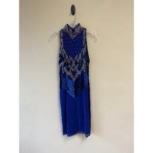 Vintage Dazzling Royal Blue High-Neck Beaded Cocktail Dress – Size 6